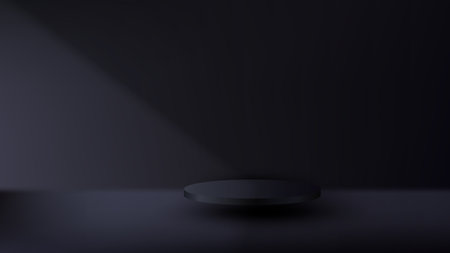3D realistic black pedestal podium floating in air on dark scene studio room background. you can use for minimal product display, mockup products presentation, promotion showcase, etc. Vector illustrationのイラスト素材
