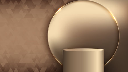 3D gold podium product display luxury style golden circle frame with lighting effect on brown triangles pattern background. Vector illustrationのイラスト素材