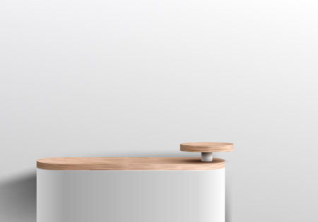 3D realistic geometric forms white and wood podium platform with wood shelf decoration minimal wall scene background. Display for spa and beauty, cosmetic product, showcase. Vector illustrationのイラスト素材