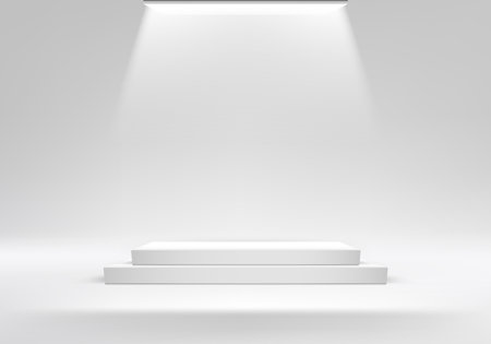 3D realistic empty podium pedestal box stand on minimal wall scene white background with ceiling light. Product display for cosmetic, showroom, showcase, presentation, etc. Vector illustrationのイラスト素材