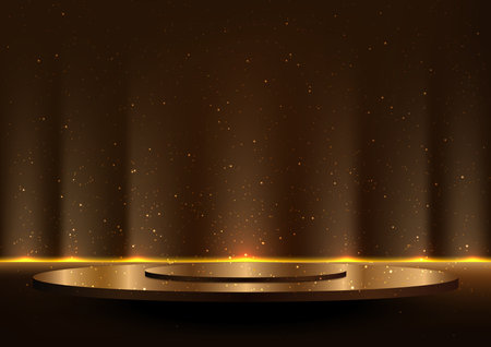 3D realistic stage award ceremony gold podium platform decoration illuminated spotlights and golden glitter on black background. Product display for cosmetic, showroom, showcase, presentation, etc. Vector illustrationのイラスト素材