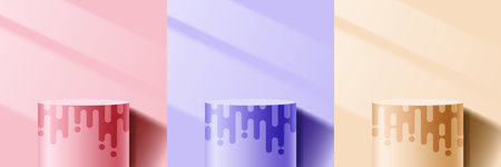 Set of pink, yellow and purple colors 3D cylinder podium pedestal decoration rounded lines panel pattern with lighting of window on minimal wall scene background. Product display for cosmetic, showroom, showcase, presentation, etc. Vector illustrationのイラスト素材