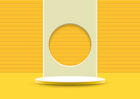 3D realistic empty white podium platform stand with circle backdrop on yellow minimal wall scene background. Product display for cosmetic, showroom, showcase, presentation, etc. Vector illustrationのイラスト素材