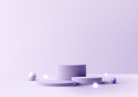 3D realistic empty studio room group of purple cylinder podium stand decoration with sphere light balls on minimal wall scene purple background. Product display for cosmetic, showroom, showcase, presentation, etc. Vector illustrationのイラスト素材