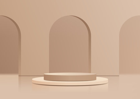 3D realistic beige podium platform stand with entrance door backdrop on minimal wall scene background. Display for spa and beauty, cosmetic product presentation showcase, mock up stage, cosmetic product display. Vector illustrationのイラスト素材