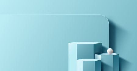 3D realistic empty studio room group of blue hexagon platform podium stand on minimal wall scene blue background. Product display for cosmetic, showroom, showcase, presentation, etc. Vector illustrationのイラスト素材