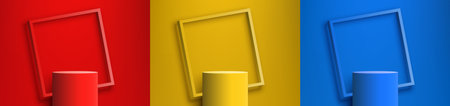 Set of 3D realistic modern red, yellow, blue colors cylinder podium stand with square frame backdrop minimal wall scene background. Product display for beauty cosmetic, studio room, showroom, showcase, presentation, etc. Vector illustrationのイラスト素材