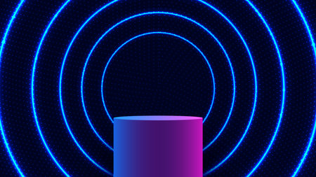Abstract technology concept 3D realistic empty neon colors podium with lines circles blue glowing neon luminous lighting effect with dots particles on dark background. Product display for banner mockup, showroom, showcase, presentation, etc. Vector illustrationのイラスト素材