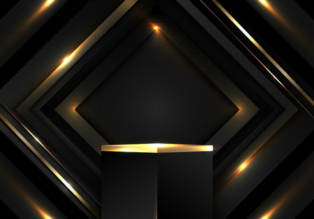 3D realistic modern luxury black and gold cube podium stand with abstract black geometric squares overlapping dark background with golden lines and lighting effect. Product display mockup for cosmetic, showroom, showcase, presentation, etc. Vector illustrationのイラスト素材