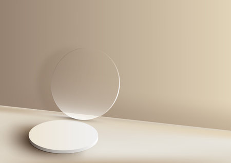 3D realistic white podium platform stand with circle transparent glass minimal wall scene on beige background. Display for spa and beauty, cosmetic product presentation showcase, mock up stage, cosmetic product display. Vector illustrationのイラスト素材