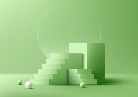 3D realistic studio room green cube podium stand with ladder steps goal target success decoration circle transparent glass backdrop and balls on minimal wall scene green background. Product display for beauty cosmetic, showroom, showcase, presentation, etc. Vector illustrationのイラスト素材