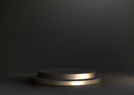 3D realistic modern luxury style gold black cylinder podium platform on minimal wall scene dark background. You can use for beauty cosmetic presentation, showcase mockup, showroom, product display stand promotion, etc. Vector illustrationのイラスト素材