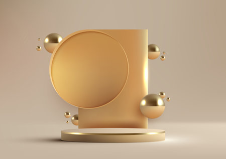 3D realistic luxury style golden podium platform with gold circle backdrop decoration gold balls on beige background. You can use for beauty cosmetic presentation, showcase mockup, showroom, product stand promotion, etc. Vector illustrationのイラスト素材