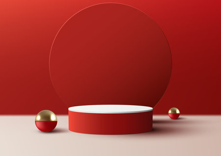 3D realistic modern luxury style empty red and white podium platform with circle backdrop and golden balls on red background and natural lighting. You can use for beauty cosmetic presentation, showcase mockup, showroom, product stand promotion, etc. Vector illustrationのイラスト素材