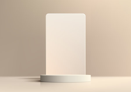 3D realistic minimal style empty white podium platform stand with geometric rectangle backdrop on minimal wall scene brown background and natural light. You can use for beauty cosmetic presentation, showcase mockup, showroom, product stand promotion, etc. Vector illustrationのイラスト素材