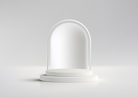 3D realistic modern luxury style white podium platform with geometric rounded line backdrop on white and gray background. You can use for beauty cosmetic presentation, showcase mockup, showroom, product stand promotion, etc. Vector illustrationのイラスト素材