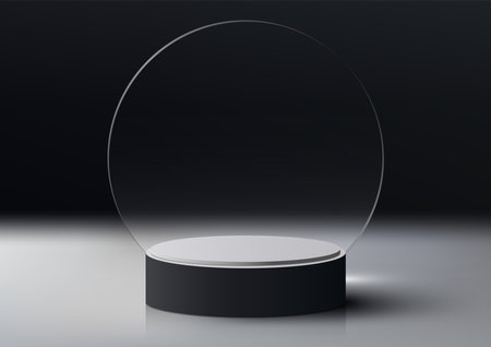 3D realistic empty black and white podium platform with circle transparent glass backdrop on dark background minimal style . You can use for beauty cosmetic presentation, showcase mockup, showroom, product stand promotion, etc. Vector illustrationのイラスト素材