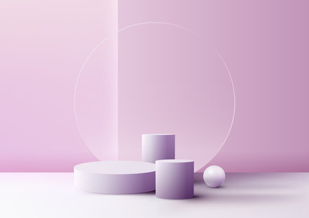 3D realistic empty studio room group of purple cylinder podium stand geometric and circle transparent glass backdrop decoration with sphere ball on minimal wall scene pink background. Product display for cosmetic, showroom, showcase, presentation, etc. Vector illustrationのイラスト素材