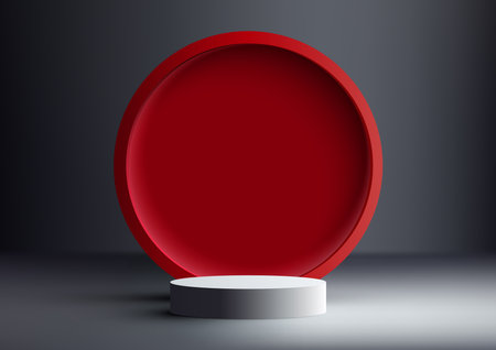3D realistic modern style empty white podium stand with red circle backdrop on gray background and natural lighting. You can use for beauty cosmetic presentation, showcase mockup, showroom, product stand promotion, etc. Vector illustrationのイラスト素材