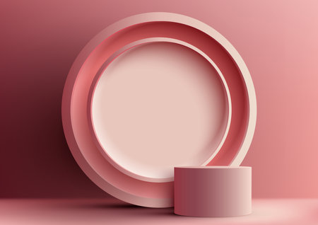 3D realistic modern style empty pink podium stand with pink circle backdrop on pink background and natural lighting. You can use for beauty cosmetic presentation, showcase mockup, showroom, product stand promotion, etc. Vector illustrationのイラスト素材