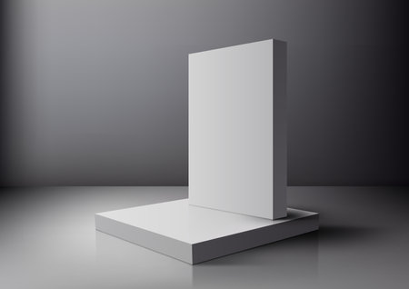 3D realistic empty white podium platform product display with rectangle backdrop on gray background. You can use for beauty cosmetic presentation, showcase mockup, showroom, product stand promotion, etc. Vector illustrationのイラスト素材