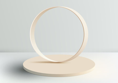 3D realistic beige color podium platform with circle frame backdrop minimal wall scene on white background. Display for spa and beauty, cosmetic product presentation showcase, mock up stage, cosmetic product display. Vector illustrationのイラスト素材