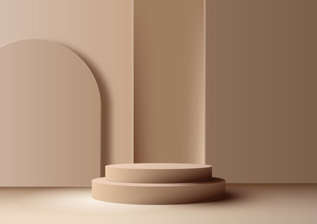 3D realistic modern style empty beige color podium stand with geometric rectangle backdrop on brown background and natural light. You can use for beauty cosmetic presentation, showcase mockup, showroom, product stand promotion, etc. Vector illustrationのイラスト素材