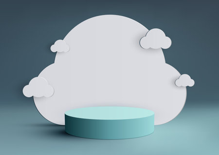 3D realistic modern minimal style empty blue podium stand with white cloud backdrop on blue background and natural lighting. You can use for beauty cosmetic presentation, showcase mockup, showroom, product stand promotion, etc. Vector illustrationのイラスト素材
