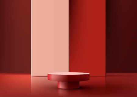 3D realistic empty red podium platform or table with red geometric backdrop on red background and natural lighting modern luxury style. You can use for beauty cosmetic presentation, showcase mockup, showroom, product stand promotion, etc. Vector illustrationのイラスト素材