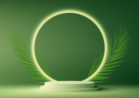 3D realistic modern green podium with circle backdrop decoration with tropical palm leaves on green background. Product display for cosmetic, showroom, showcase, presentation, mockup, etc. Vector illustrationのイラスト素材