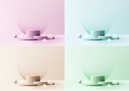 Set of 3D realistic empty studio room group of pastel colors cylinder podium stand transparency glass circle backdrop decoration with sphere light balls on minimal wall scene background. Product display for cosmetic, showroom, showcase, presentation, etc. Vector illustrationのイラスト素材
