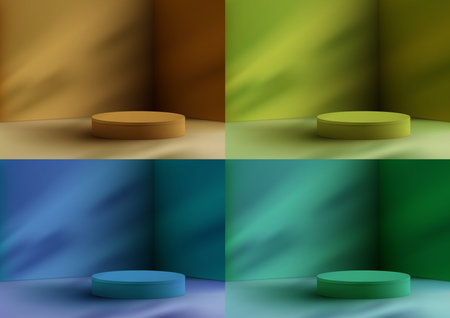 Set of 3D realistic empty podium platform stand minimal wall scene background with natural light. Product display mockup for beauty cosmetic, showroom, showcase, presentation, etc. Vector illustrationのイラスト素材
