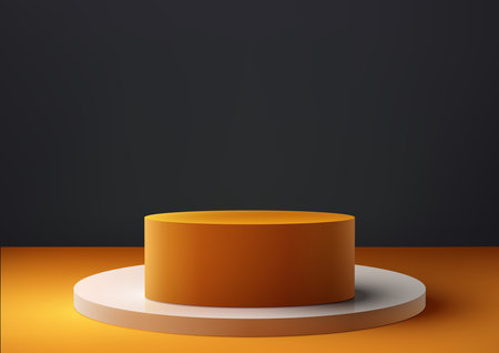 This 3D white and yellow podium stand vector illustration is perfect for modern interior concept product display mockups. The stand is set on a yellow color floor and black background, and it is minimalist and elegant.のイラスト素材