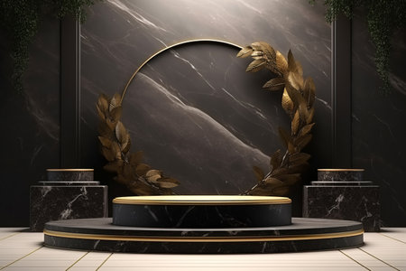 3D realistic black and gold marble podium with gold leaves is a stunning example of modern luxury design. The podium features a circle backdrop with a minimalist design. Generative AIの素材