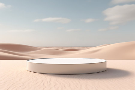 3D realistic podium is displayed on a desert sand beach background. The minimal style of the podium makes it a versatile prop for a variety of product or fashion shots. Generative AIの素材
