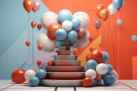 3D realistic photo shows a colorful balloons decoration on a podium. It can be used as a mockup for product display or as a creative concept for party celebration. Generative AIの素材