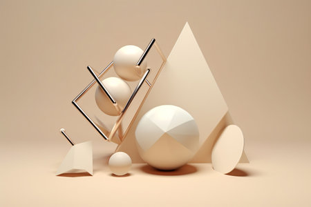 abstract composition of 3D geometric shapes on a beige background. The shapes are arranged in a minimalist style. Generative AIの素材