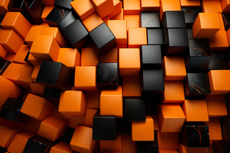 abstract geometric background features a pattern of black and orange cubes. The modern design is perfect for tech, science, or innovation projects. Generative AIの素材