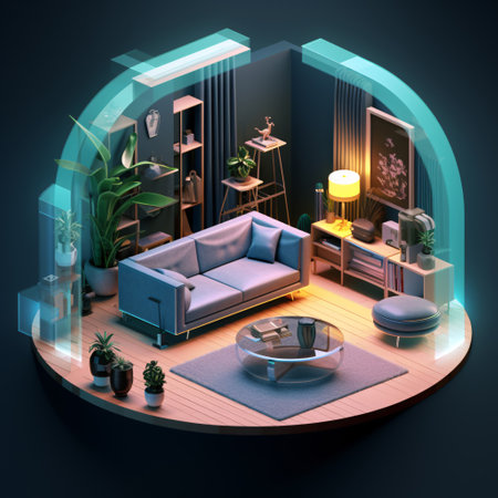 3D isometric living room features a modern blue couch, minimalist furniture, and potted plants. It is a great image for any project that needs to communicate a sense of style and comfort. Generative AIの素材