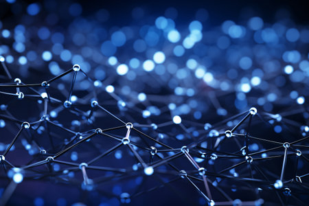 abstract features a technology network of blue grid and particles on a dark background. The glowing lines create a sense of depth and movement. Generative AIの素材