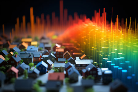 The colorful buildings and skyscrapers of this miniature city are bathed in radiant light, creating a dreamlike and surreal atmosphere. Generative AIの素材