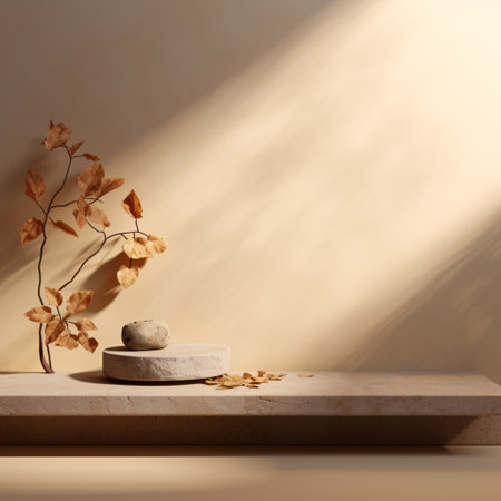 A shelf with a branch and leaves in autumn colors, set against a beige podium. The simple yet elegant composition makes this a great photo for use in design, marketing, or editorial projects. Generative AIの素材