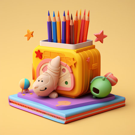 3D clay colorful photo of kid's pencils on a stack of books is sure to brighten up any room. It's a great way to inspire creativity and learning. Generative AIの素材