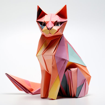 This colorful origami cat is made of different colored papers and is sitting on a white background. It is a creative papercraft that is perfect for kids and adults alike. Generative AIの素材