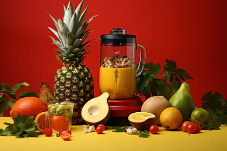 This photo shows a blender surrounded by various fruits and vegetables, including tomatoes, pineapples, and avocados. The fruits and vegetables are colorful and vibrant. Generative AIの素材