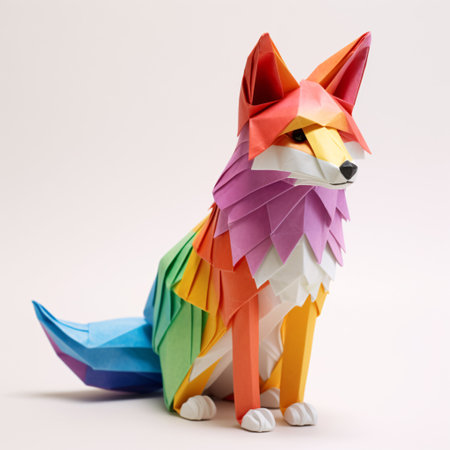 This colorful origami fox is made of different colored papers and is sitting on a white background. It is a creative papercraft that is perfect for kids and adults alike. Generative AIの素材