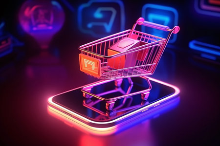 This 3D of a futuristic shopping cart on a mobile phone is a creative concept of the future of online shopping. Generative AIの素材