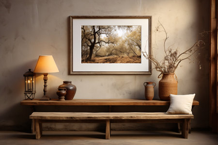 This indoor scene features a wooden bench, table lamp, and white light. The neutral colors and simple lines create a calming and serene atmosphere. Generative AIの素材