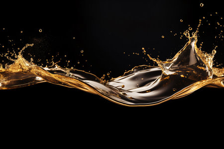 a golden liquid splashing against a black background. The liquid is shimmering and glistening, creating a beautiful and mesmerizing effect. Generative AIの素材