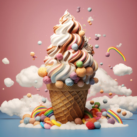 This 3D clay illustration of an ice cream cone with a rainbow and clouds is a colorful and delicious depiction of a summer treat. Generative AIの素材